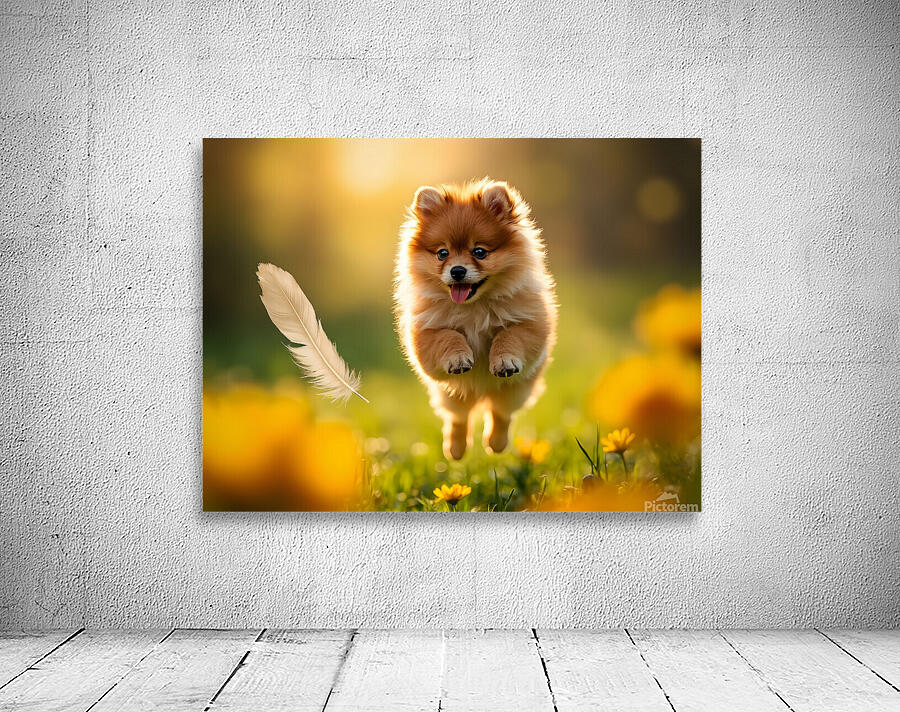 Feather Lands On Happy Pomeranian Puppy Wall Preview