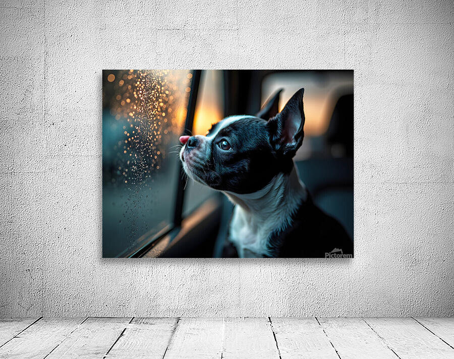 Boston Terrier Puppy Watches Rain From Car Window Wall Preview