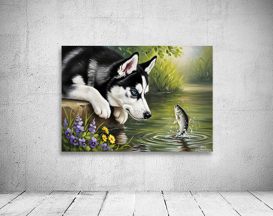 Curious Husky Puppy Discovers Garden Pond Wall Preview