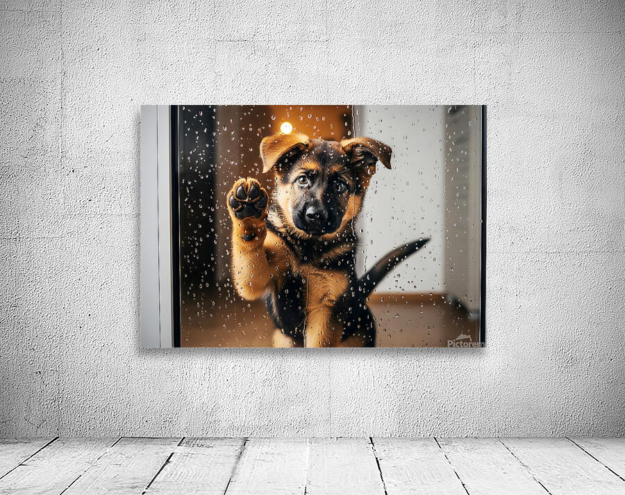 Confused German Shepherd Puppy Tilts Head At Glass Door Wall Preview