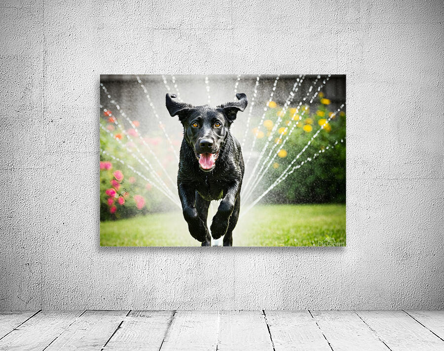 Wet German Shepherd Puppy Rests By Sprinkler Happily Wall Preview