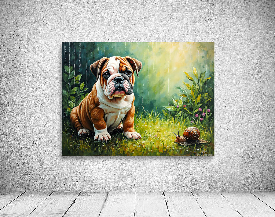 Bulldog Puppy Discovers Garden Snail On Rainy Day Wall Preview