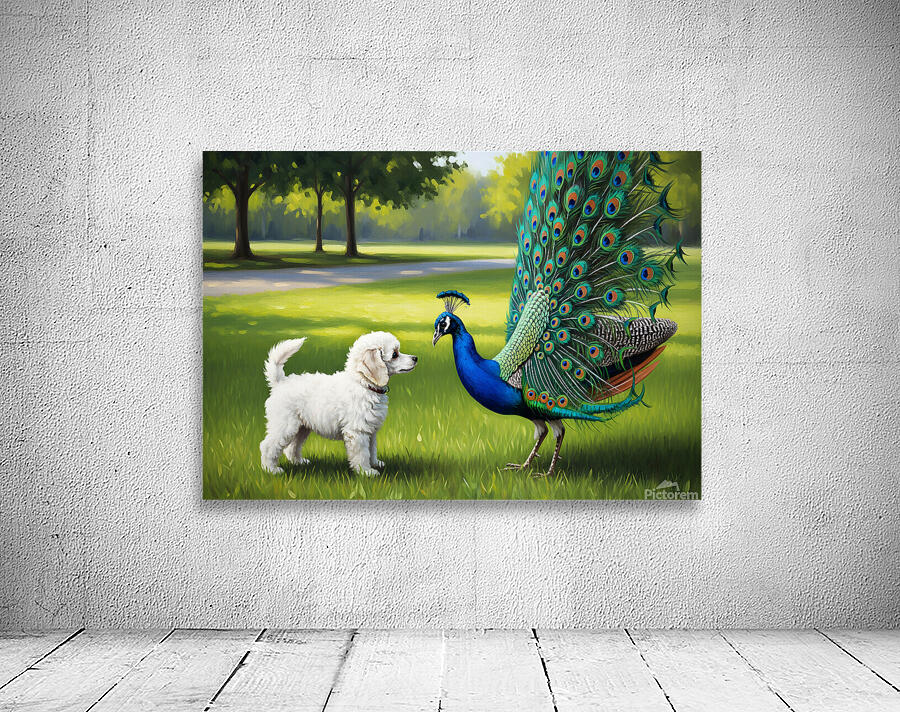 Peacock Displays Full Feather Fan For Amazed Puppy Wall Preview