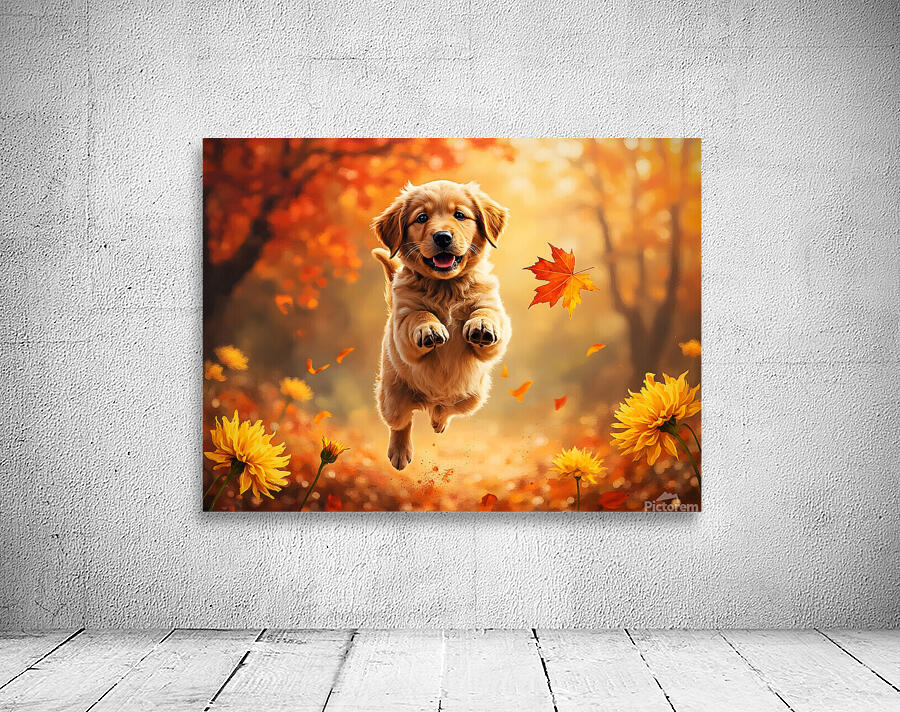 Golden Retriever Puppy Spots Dancing Autumn Leaves Wall Preview