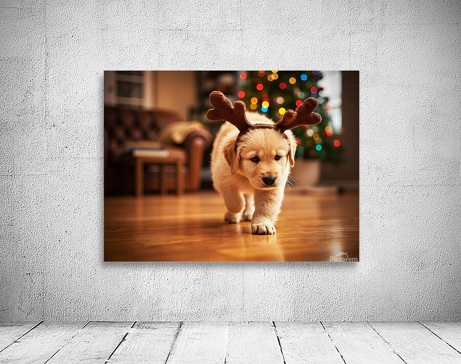 Confused Labrador Puppy With Reindeer Antlers Indoors Wall Preview