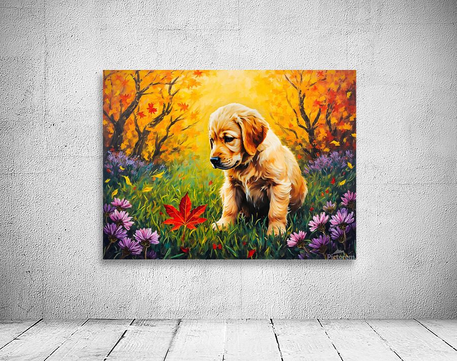 Happy Golden Retriever Puppy Decorated With Leaves Wall Preview