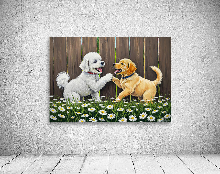 Happy Bichon Frise Puppy Plays With Fence Friend Wall Preview