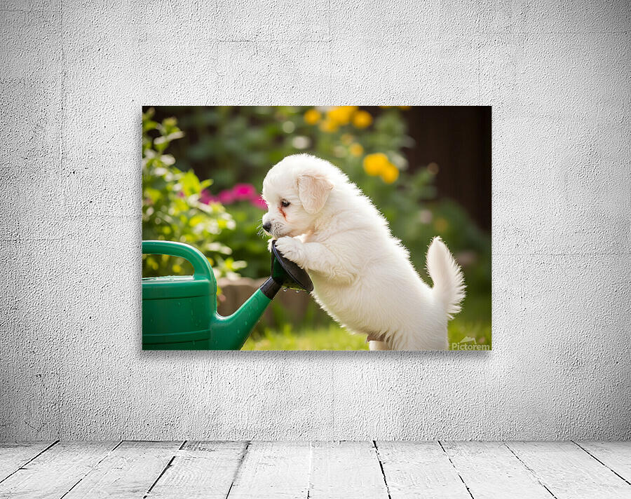 Curious Bichon Frise Puppy Discovers Garden Watering Can Wall Preview