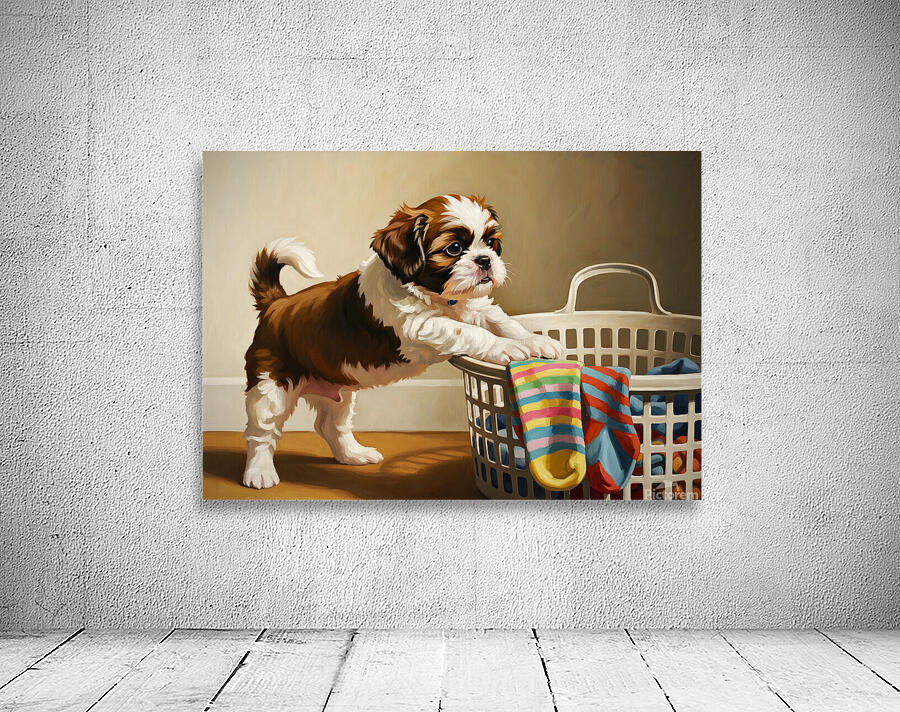 Shih Tzu Puppy Spots Tempting Sock In Laundry Basket Wall Preview