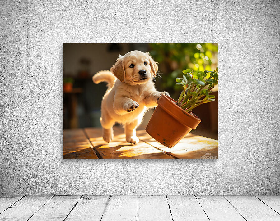 Golden Retriever Puppy Reaches For Plant Pot Wall Preview