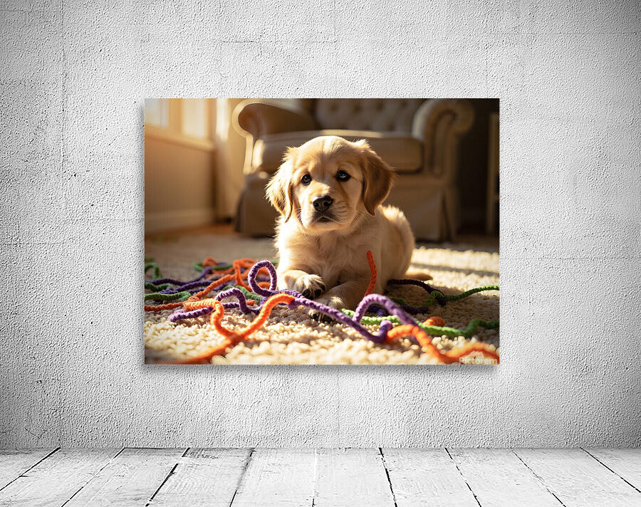 Golden Retriever Puppy Discovers Colorful Yarn Ball Wall Preview