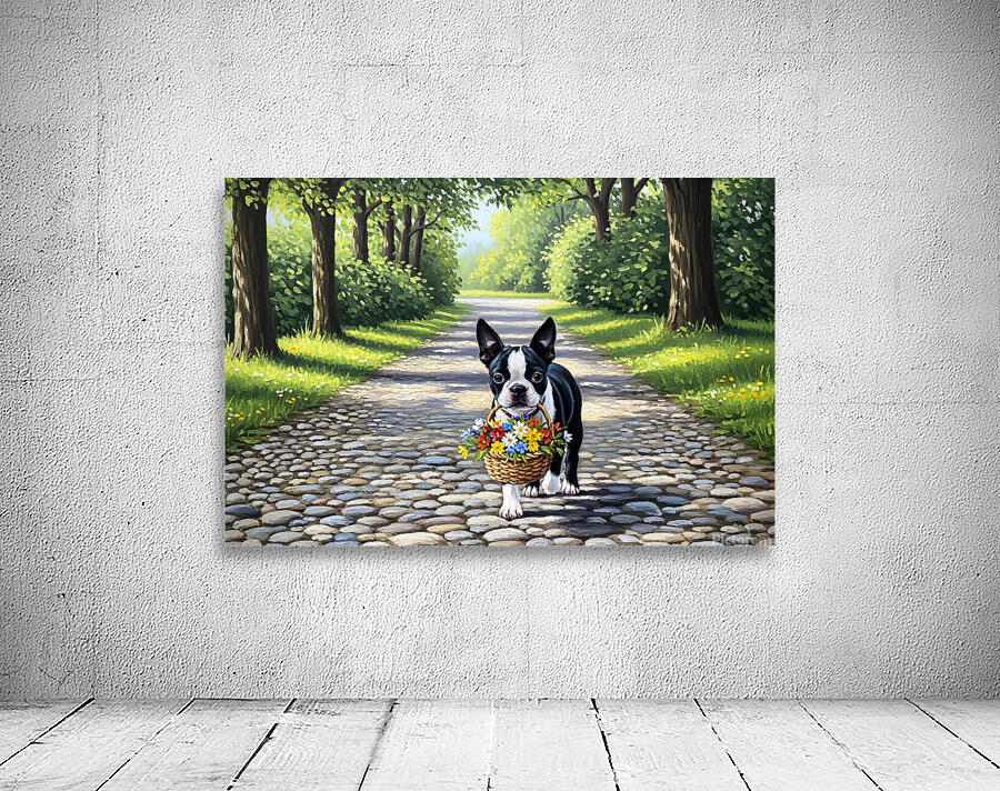 Boston Terrier Puppy With Flower Basket In Garden Wall Preview