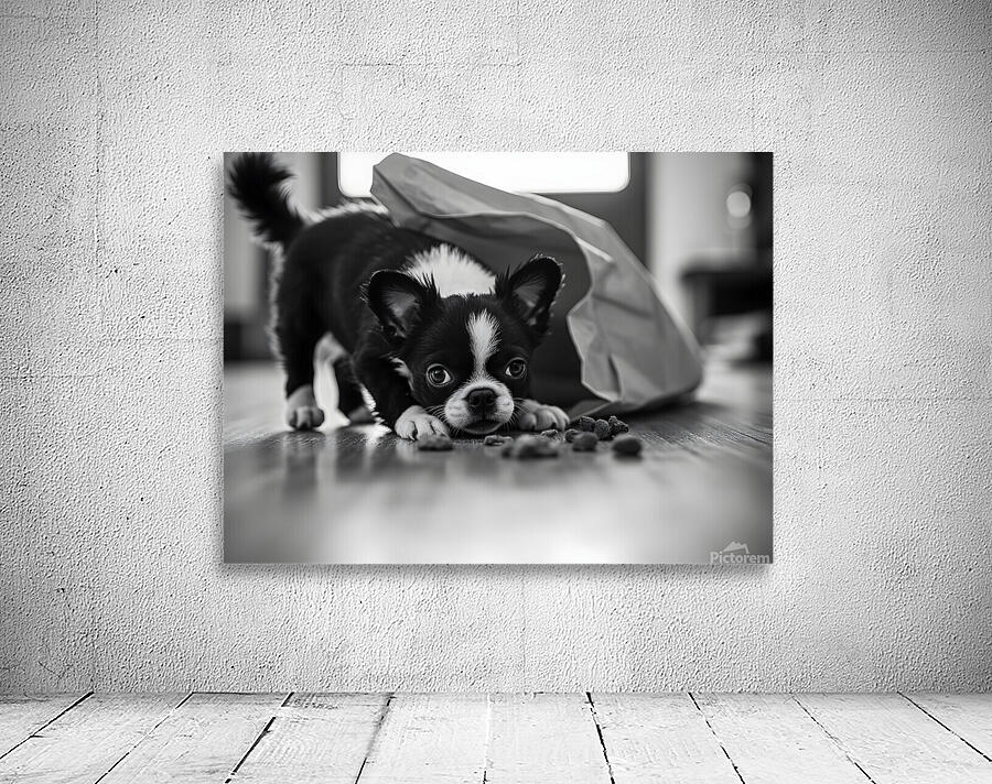 Excited Boston Terrier Puppy Emerges From Shopping Bag Discovery Wall Preview