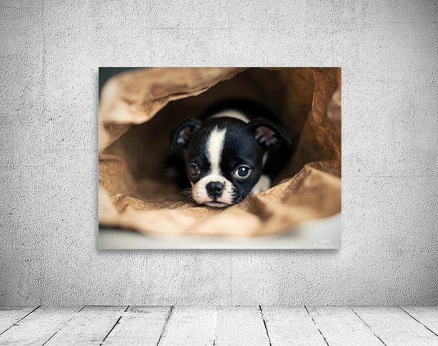 Boston Terrier Puppy Discovers Mysterious Shopping Bag Wall Preview