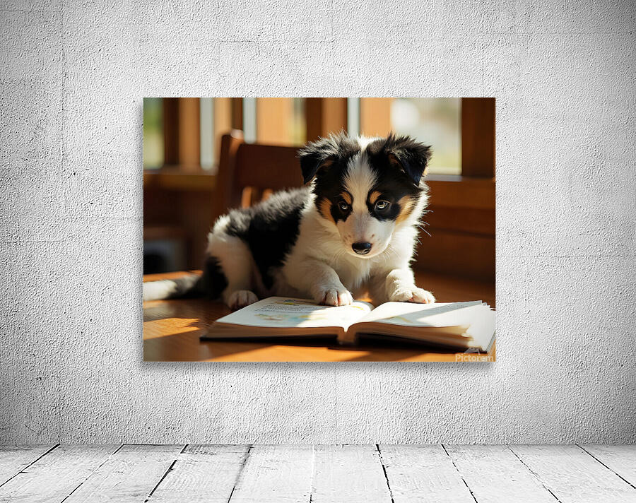 Playful Border Collie Puppy Interacts With Book Pages Wall Preview