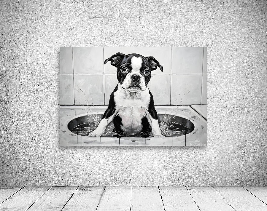 Happy Boston Terrier Puppy Enjoys Sudsy Bath Time Wall Preview