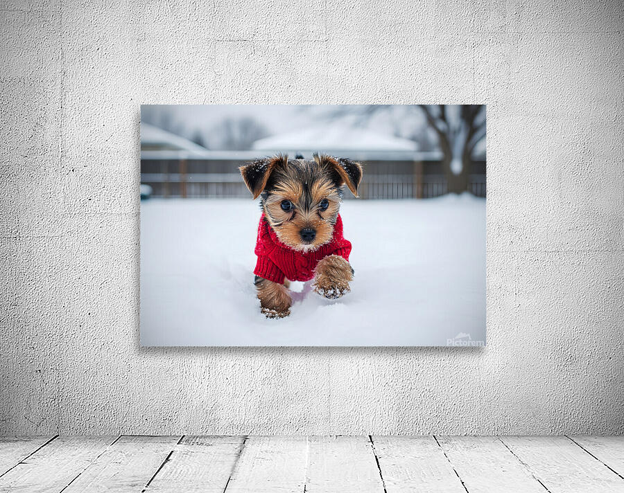 Yorkshire Terrier Puppy Watches Winter Snow Fall Wall Preview