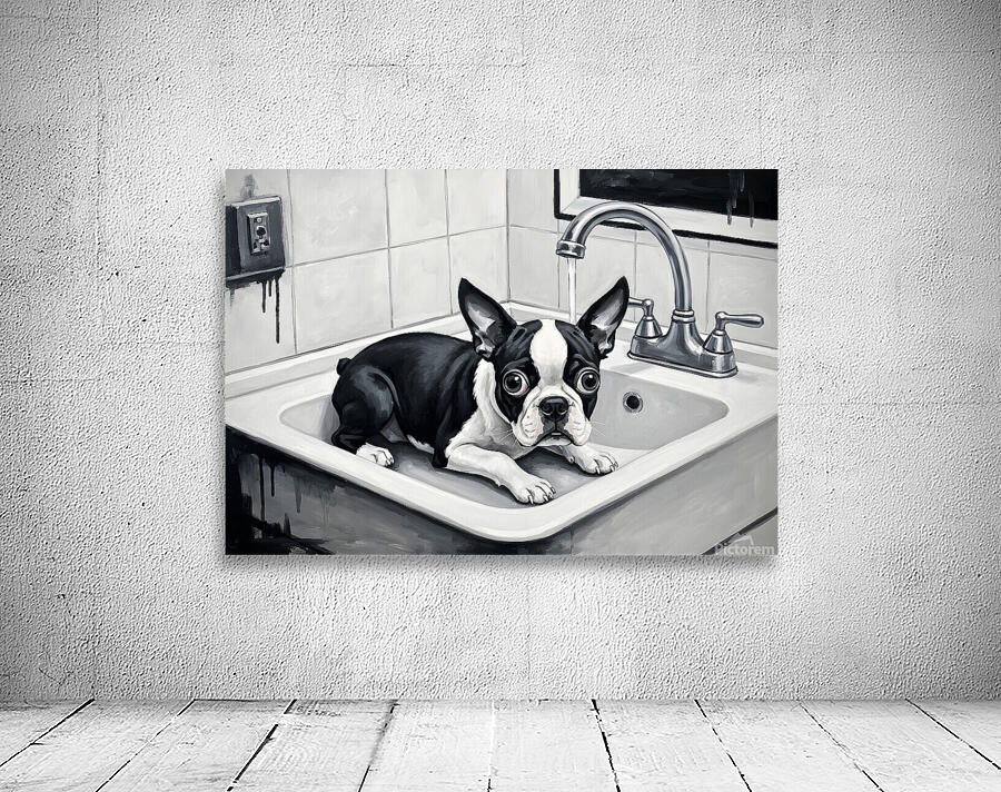 Boston Terrier Puppy Waits Nervously In Bathroom Sink Wall Preview