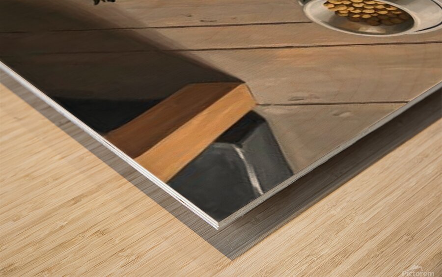 Brown Yorkshire Terrier Puppy With Overturned Food Bowl Impression sur bois