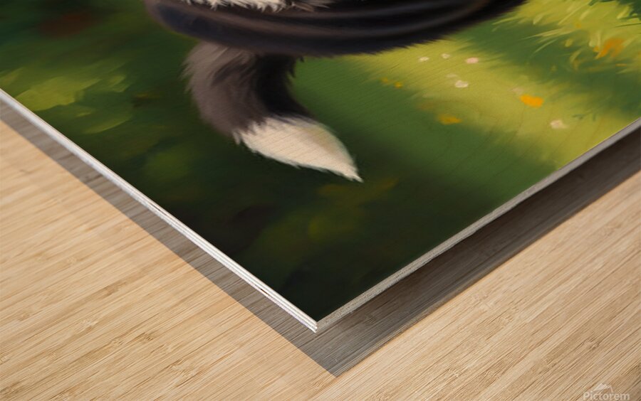 Border Collie Puppy Discovers Yellow Dandelion Wood print