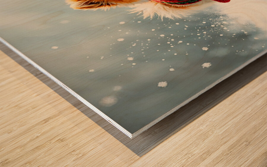 Pomeranian Puppy In Holiday Sweater Playing In Snow Wood print