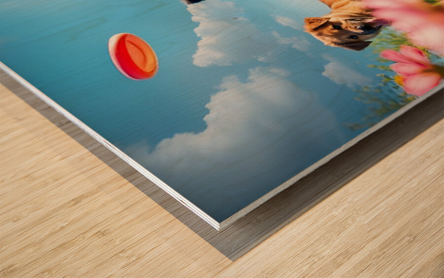 A black and white Border Collie puppy playing frisbee with his f Wood print