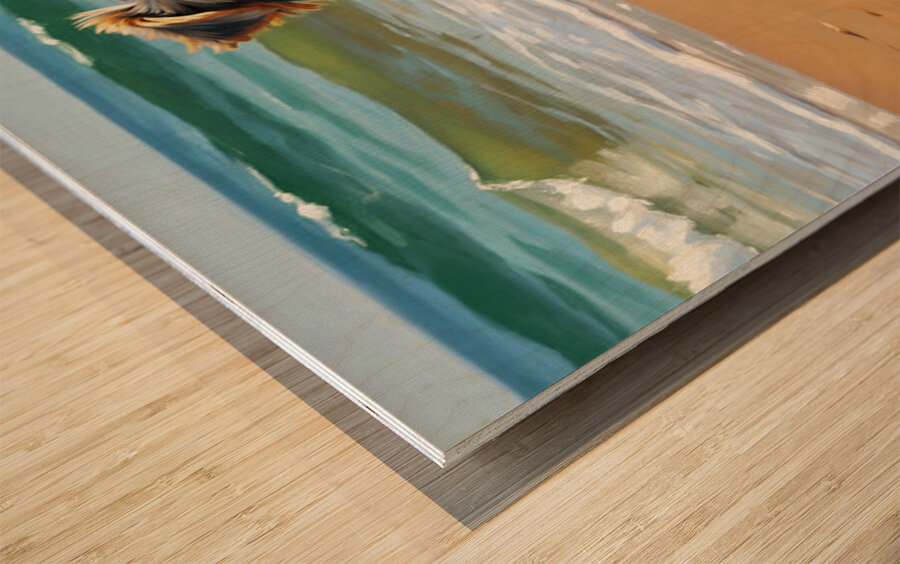 Tired Yorkshire Terrier Puppy Rests On Beach Impression sur bois