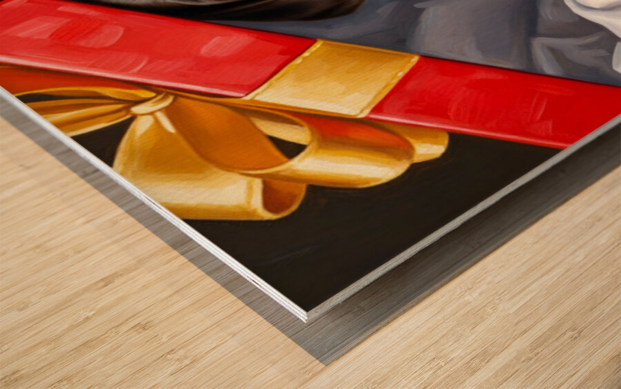 German Shorthaired Pointer Puppy Discovers Big Red Gift Box Impression sur bois