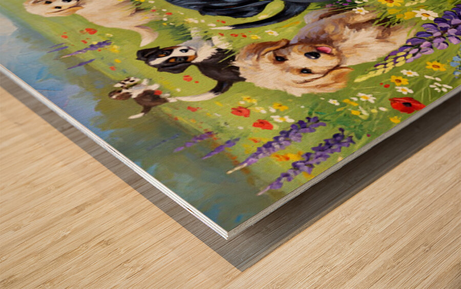 Rottweiler Puppy Discovers Wildflower Field Wood print