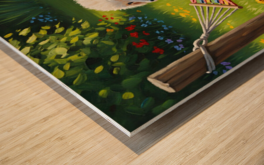 Poodle Puppy Discovers Tiny Hammock Wood print