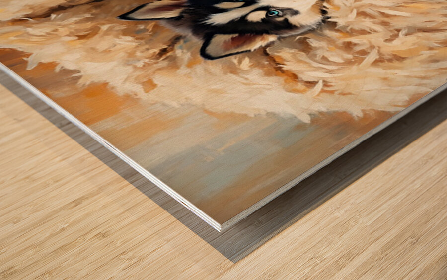 Little Husky Puppy Discovers Giant Cozy Dog Bed Impression sur bois