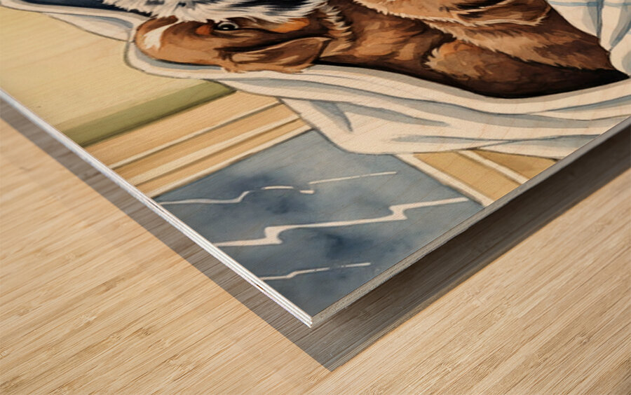 Australian Shepherd Puppy Seeks Comfort During Storm Impression sur bois