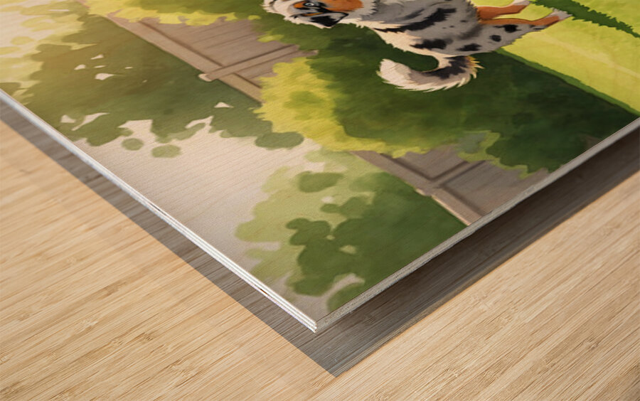 Australian Shepherd Puppy Meets New Friends Impression sur bois