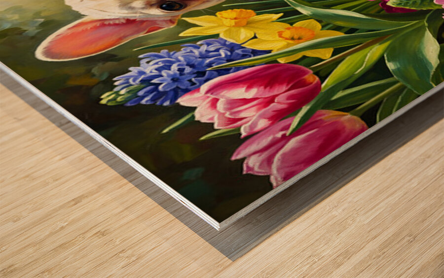 Happy French Bulldog Puppy Rests Among Spring Blooms Wood print