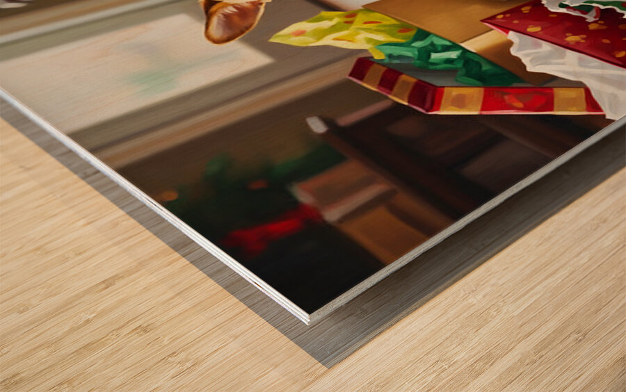 Chihuahua Puppy Discovers Christmas Morning Surprises Impression sur bois