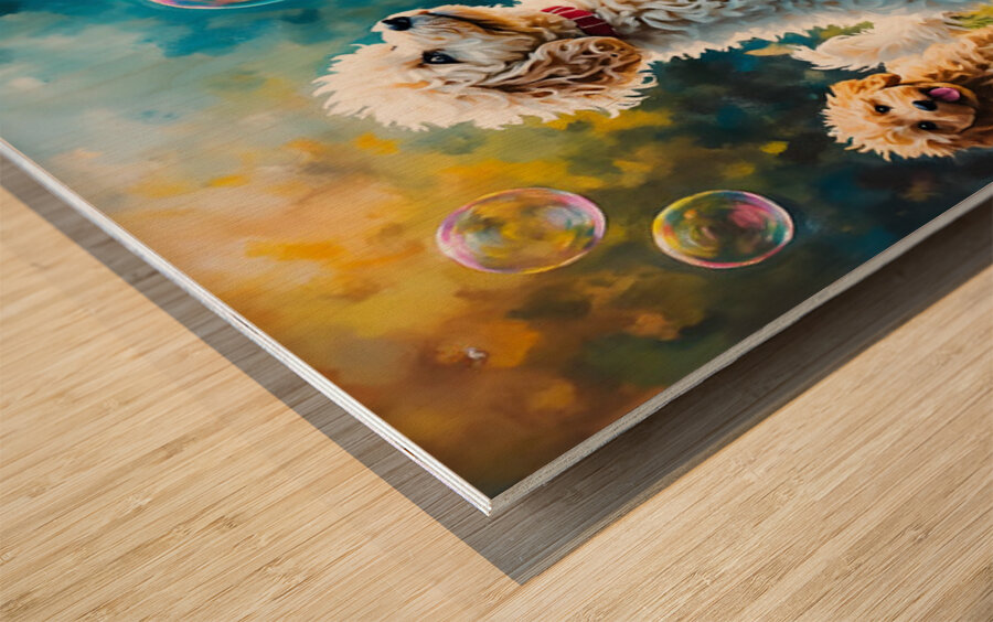 Poodle Puppy Discovers Magical Floating Bubbles Wood print