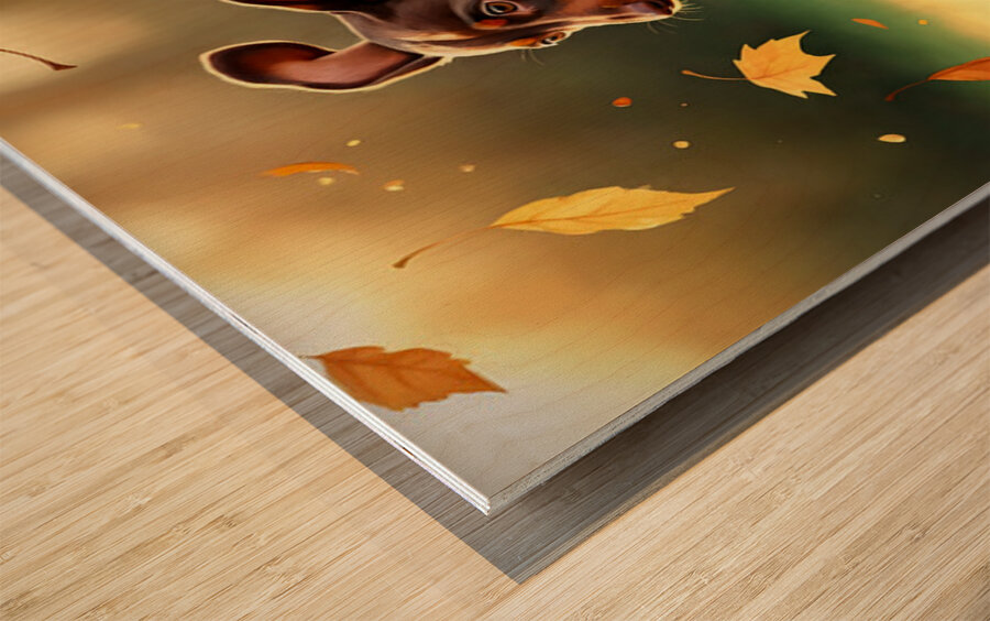 Dachshund Puppy Discovers Autumn Leaf Pile Wood print