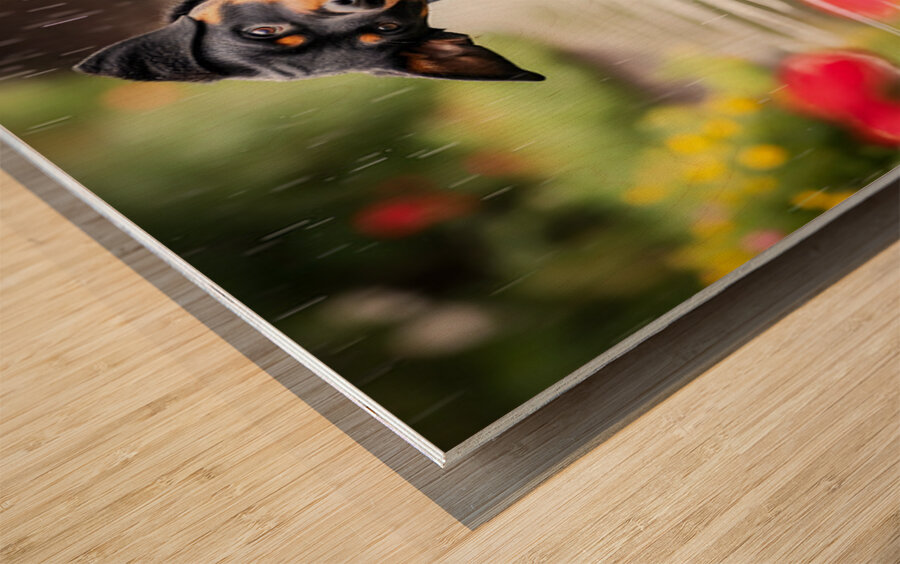 Happy Puppy Walks Away From Peaceful Garden Encounter Wood print