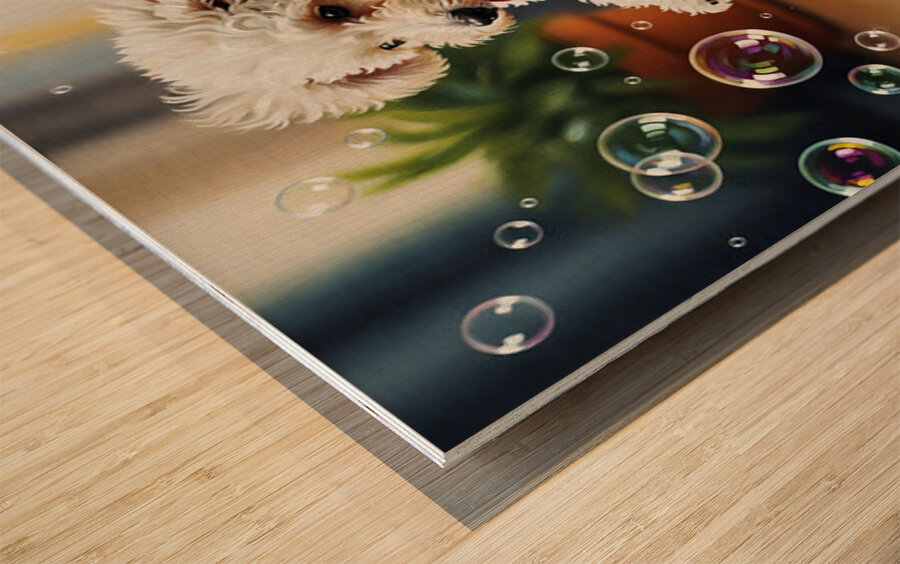 Poodle Puppy Discovers Bath Bubbles Impression sur bois