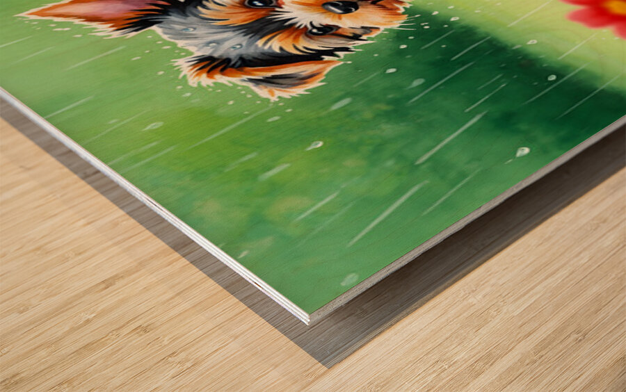 Content Yorkshire Terrier Puppy Rests After Raindrop Adventure Wood print
