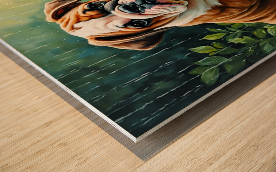 Bulldog Puppy Discovers Garden Snail On Rainy Day Wood print