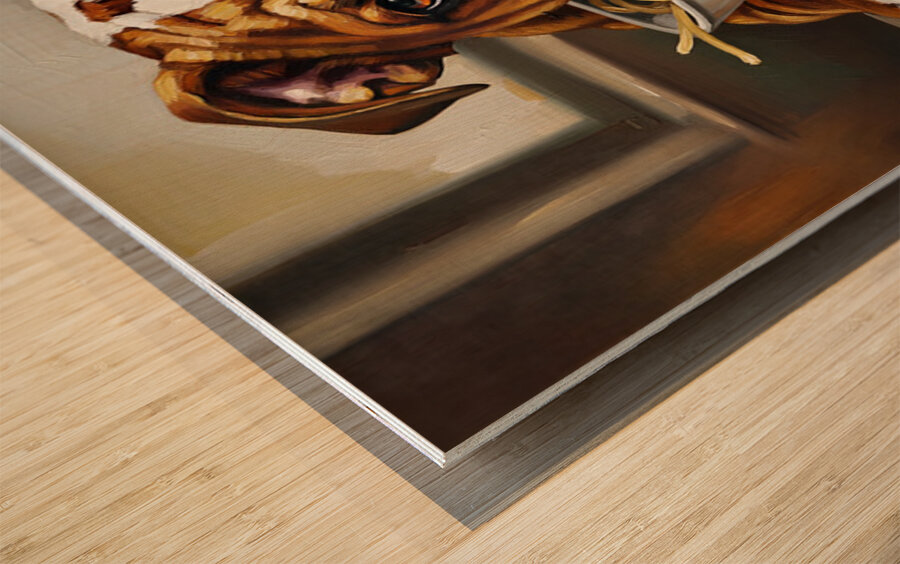 Bulldog Puppy Discovers Spaghetti Dinner Impression sur bois