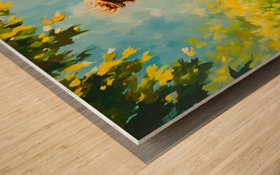 Exhausted Golden Puppy Rests After Helicopter Play Impression sur bois