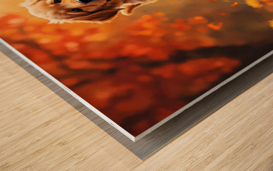 Golden Retriever Puppy Spots Dancing Autumn Leaves Impression sur bois