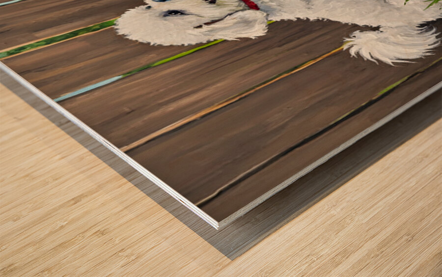 Happy Bichon Frise Puppy Plays With Fence Friend Wood print