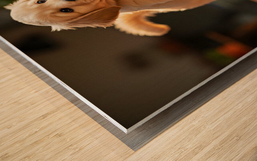 Golden Retriever Puppy Reaches For Plant Pot Impression sur bois