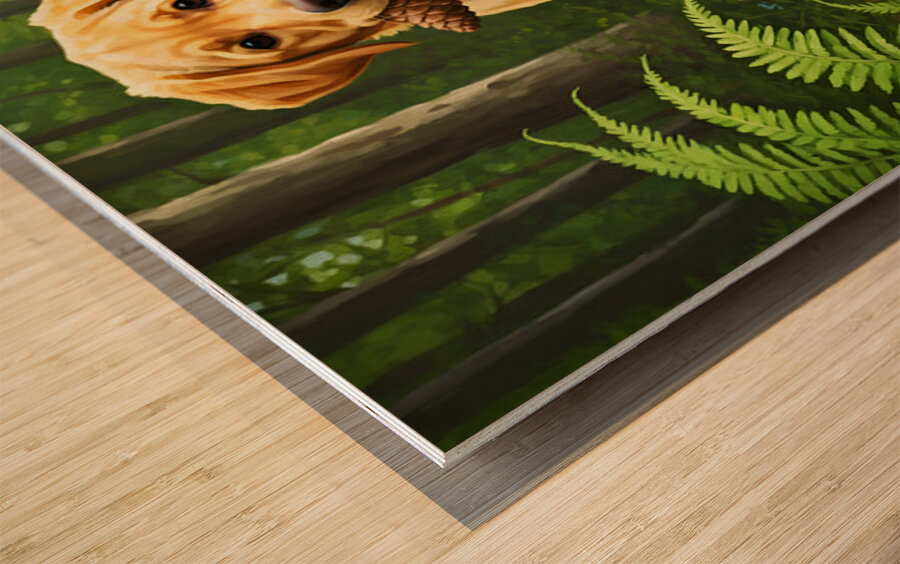 Happy Puppy Rests With Pinecone In Forest Shade Wood print