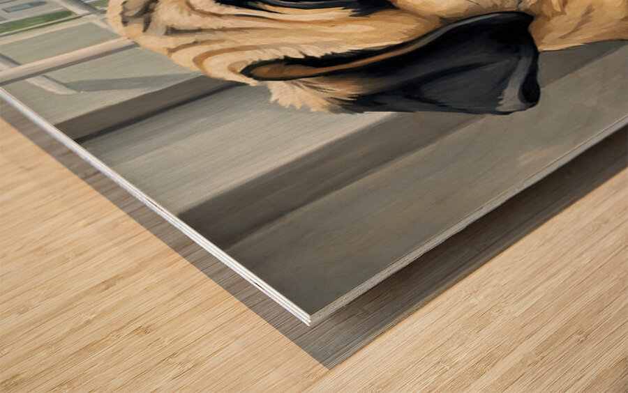 Pug Puppy Sits Proudly After Successful Guard Duty Impression sur bois