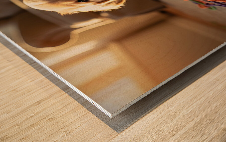 Golden Retriever Puppy Discovers Colorful Yarn Ball Wood print