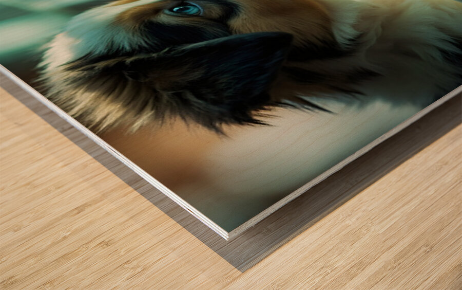 Australian Shepherd Puppy Discovers Amazing Fish Tank Wood print